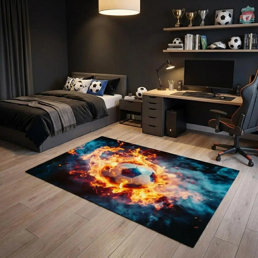 4' X 6' Black Orange And Blue Flaming Soccer Washable Area Rug With UV Protection Homeroots Home Decor