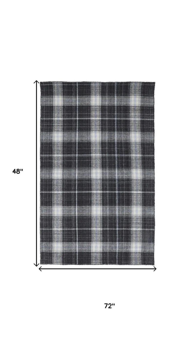 4' X 6' Black White And Blue Plaid Hand Loomed Area Rug Homeroots Home Decor