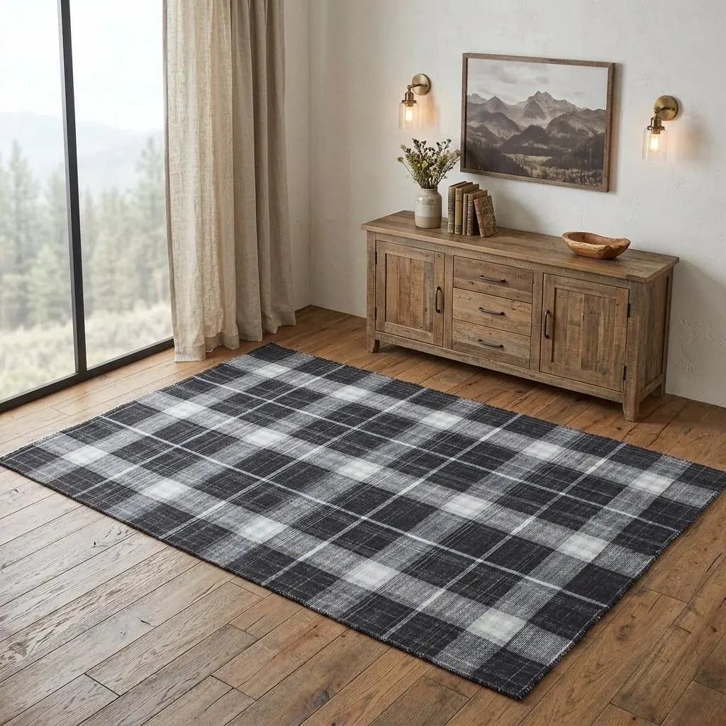 4' X 6' Black White And Blue Plaid Hand Loomed Area Rug Homeroots Home Decor