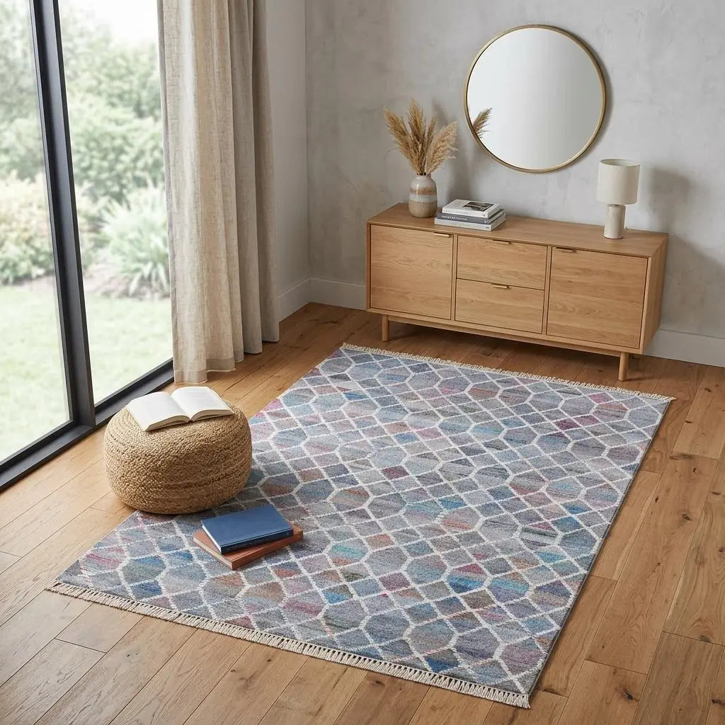 4' X 6' Blue And Gray Trellis Hand Woven Area Rug Homeroots Home Decor
