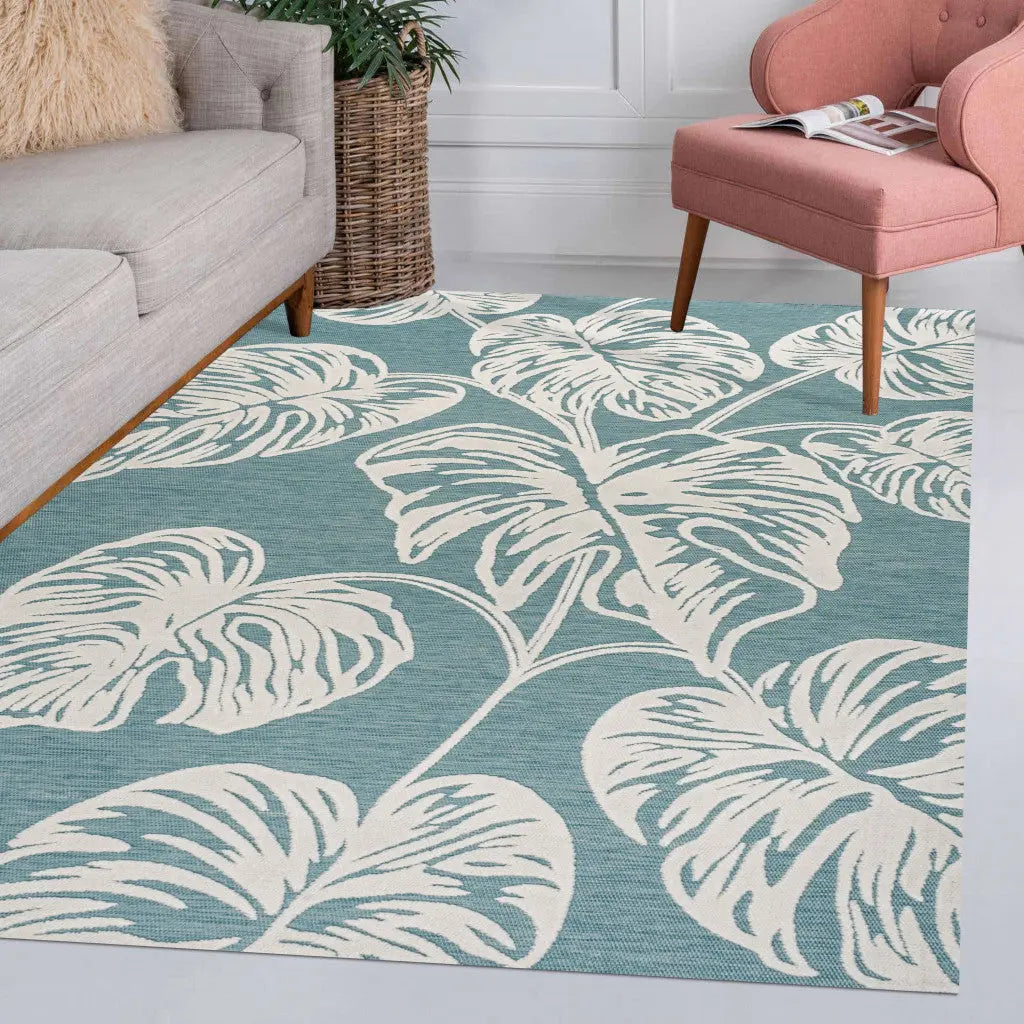4' X 6' Blue And Ivory Floral Indoor Outdoor Area Rug - GreatEagleInc