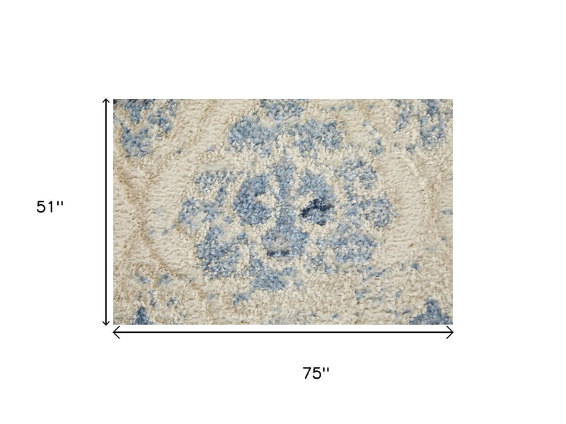 4' X 6' Blue And Ivory Geometric Area Rug Homeroots Home Decor