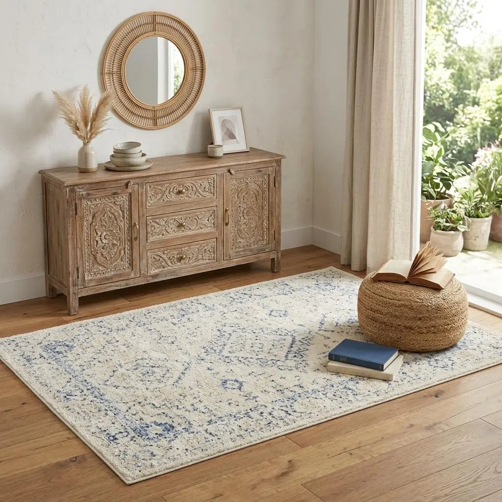 4' X 6' Blue And Ivory Geometric Area Rug Homeroots Home Decor