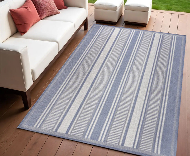 4' X 6' Blue And Light Gray Striped Indoor Outdoor Area Rug Homeroots Outdoor