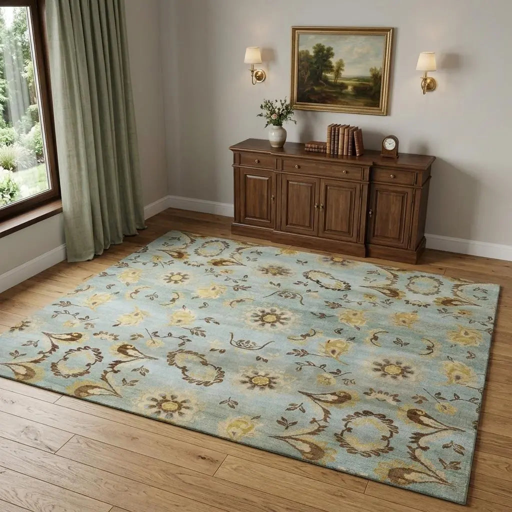 4' X 6' Blue Brown And Tan Wool Floral Hand Knotted Area Rug Homeroots Home Decor