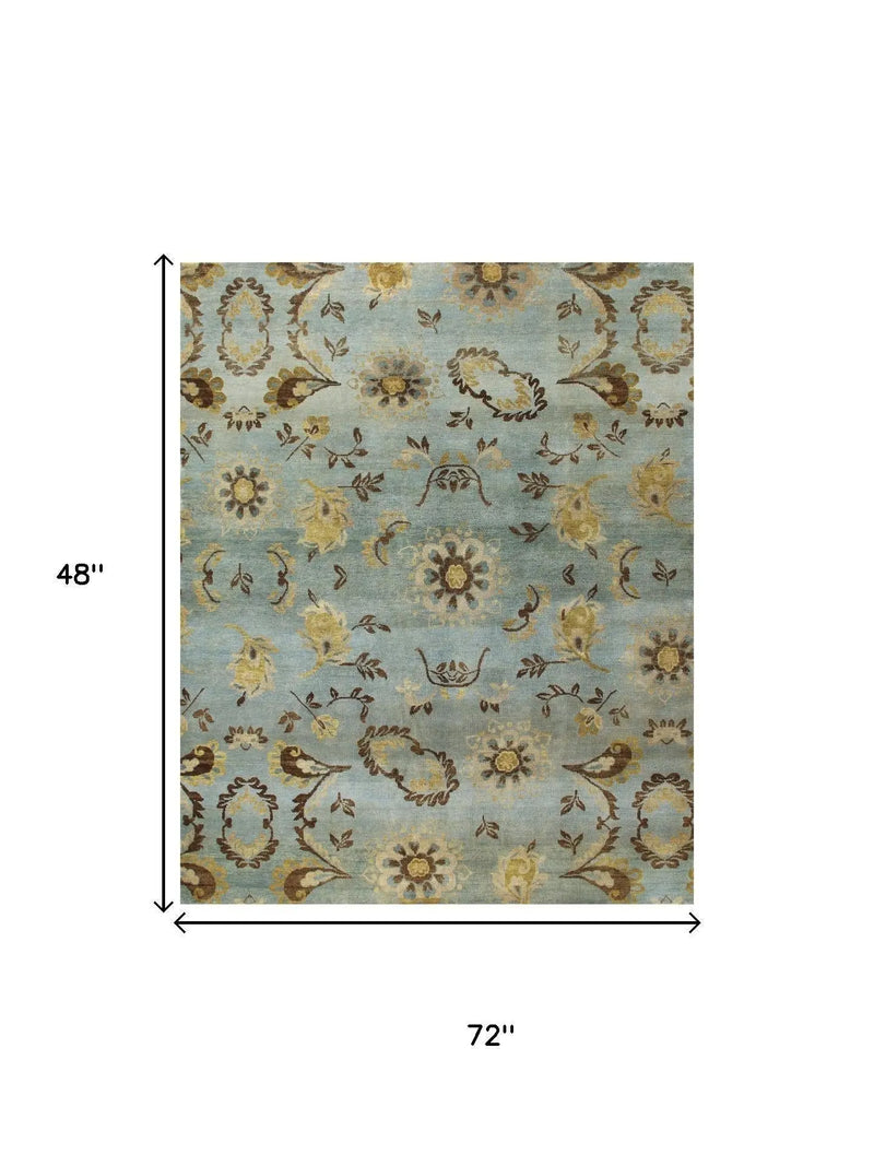 4' X 6' Blue Brown And Tan Wool Floral Hand Knotted Area Rug Homeroots Home Decor