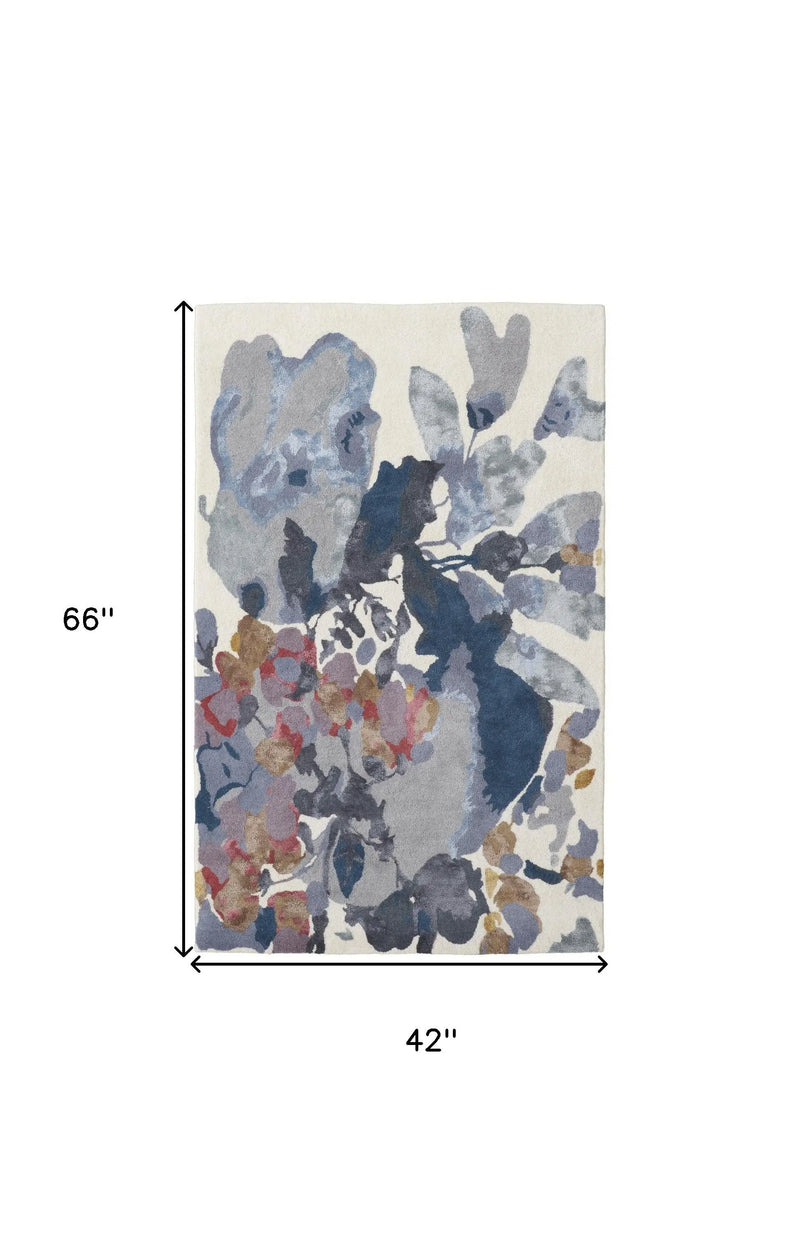 4' X 6' Blue Gray and Pink Wool Floral Hand Tufted Area Rug Homeroots Home Decor