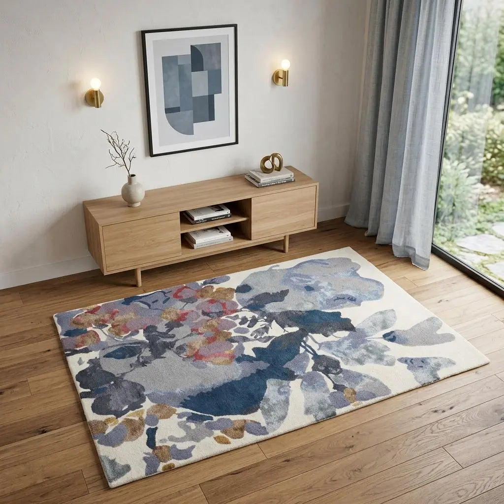 4' X 6' Blue Gray and Pink Wool Floral Hand Tufted Area Rug Homeroots Home Decor