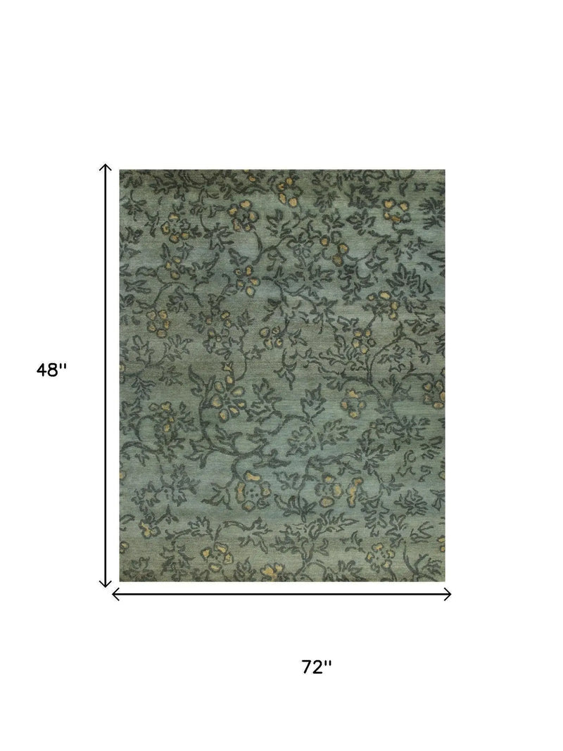 4' X 6' Blue Green And Gold Wool Floral Hand Knotted Area Rug Homeroots Home Decor