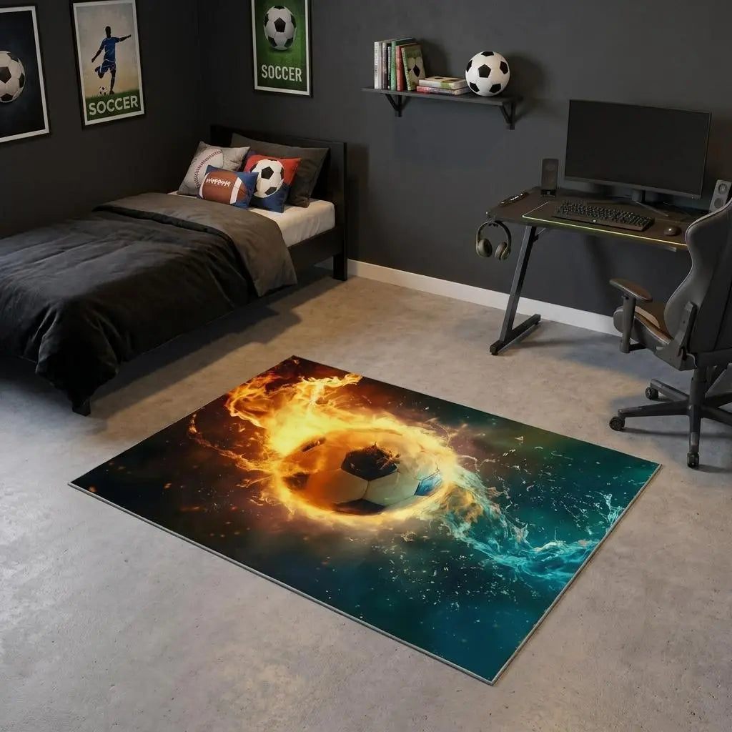 4' X 6' Blue Red And Black Flaming Soccer Washable Area Rug Homeroots Home Decor