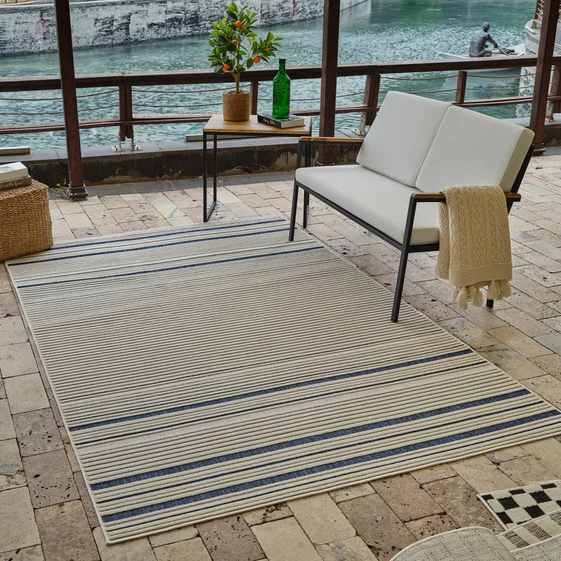 4' X 6' Blue and Cream Striped Distressed Indoor Outdoor Area Rug Homeroots Outdoor