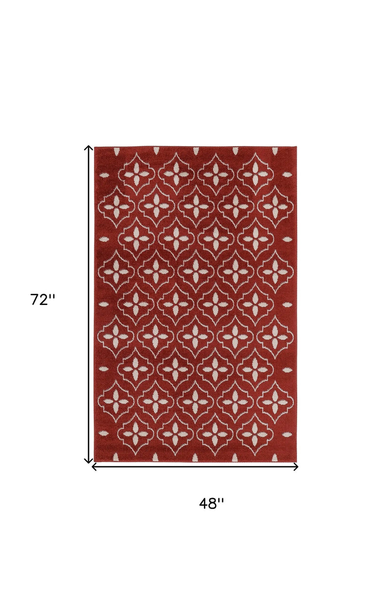 4' X 6' Brick Red And Ivory Geometric Indoor Outdoor Area Rug Homeroots Outdoor