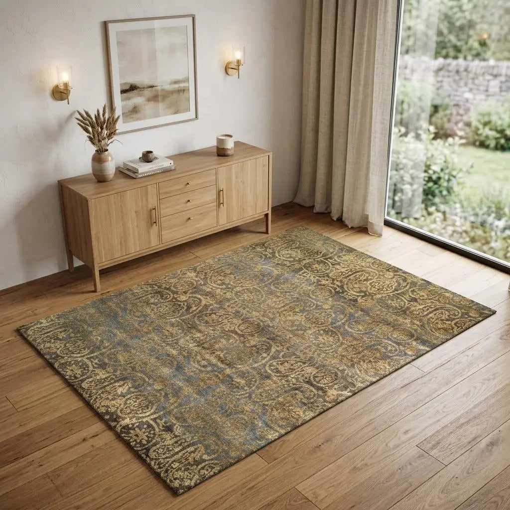 4' X 6' Brown Gold And Blue Wool Paisley Hand Knotted Area Rug Homeroots Home Decor