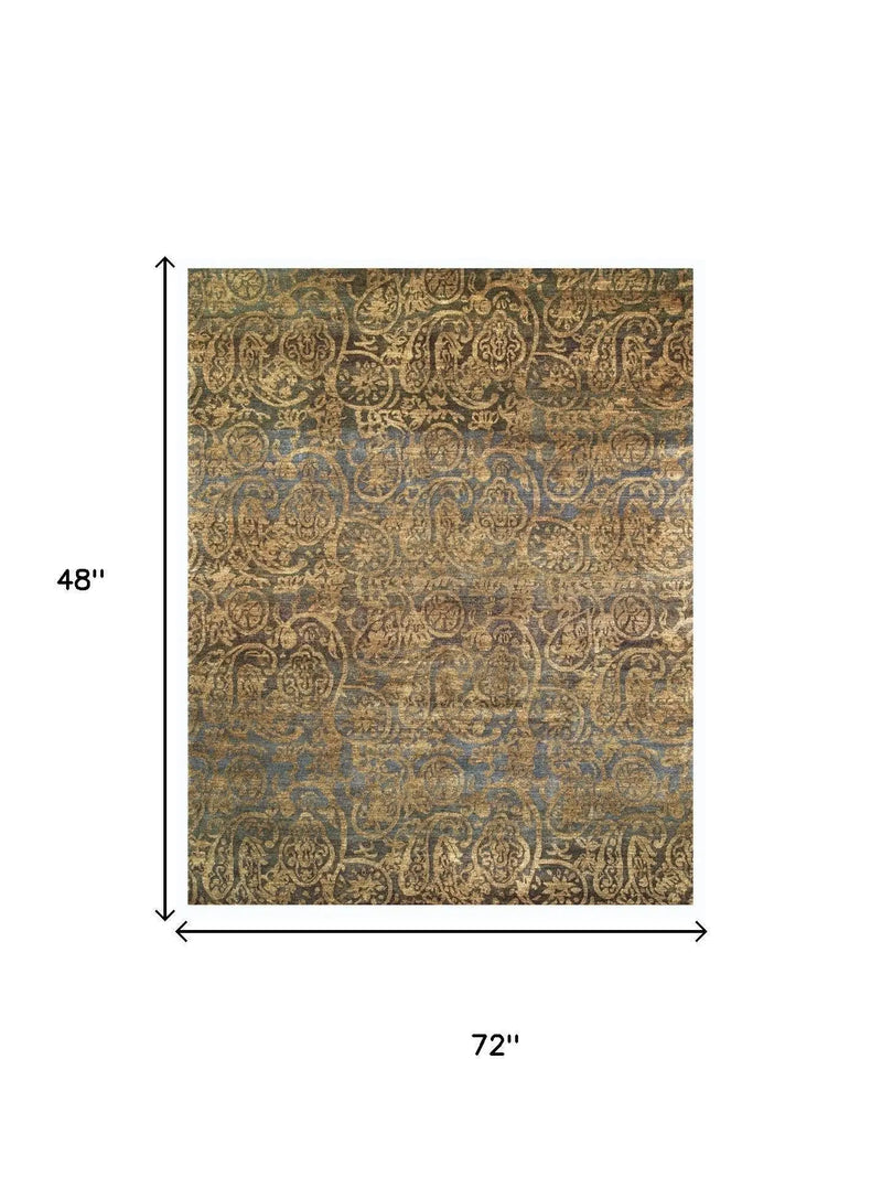 4' X 6' Brown Gold And Blue Wool Paisley Hand Knotted Area Rug Homeroots Home Decor