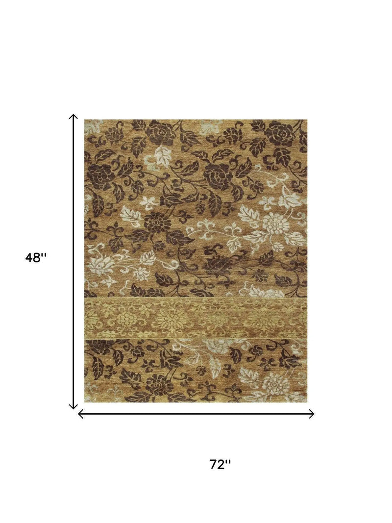 4' X 6' Brown Gold And Tan Floral Hand Knotted Area Rug Homeroots Home Decor