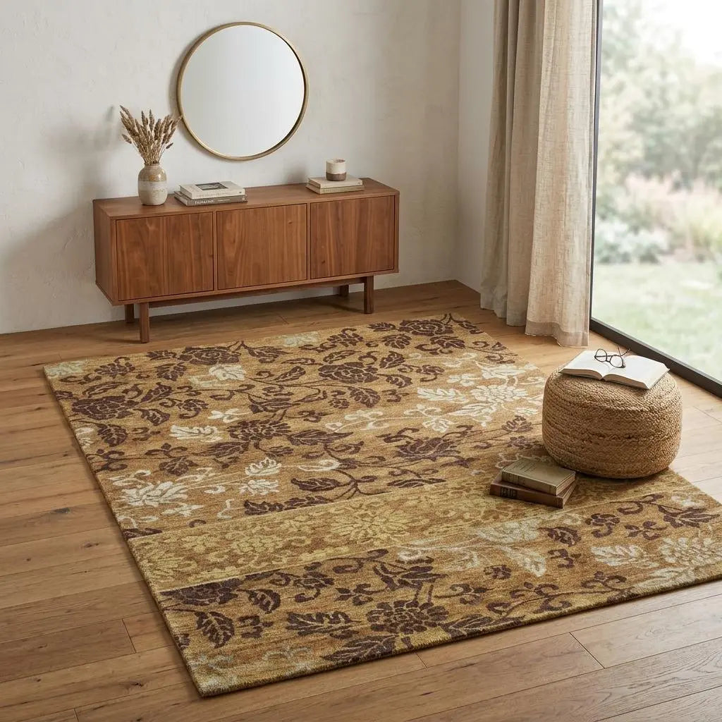 4' X 6' Brown Gold And Tan Floral Hand Knotted Area Rug Homeroots Home Decor