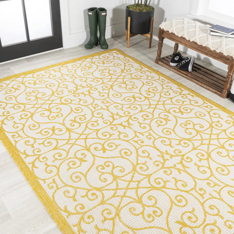 4' X 6' Cream And Yellow Geometric Indoor Outdoor Area Rug Homeroots Outdoor