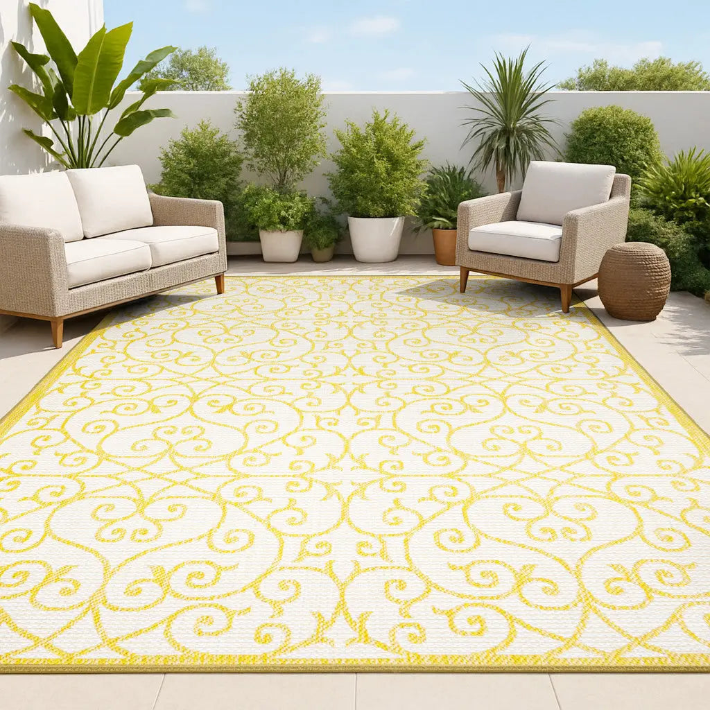 4' X 6' Cream And Yellow Geometric Indoor Outdoor Area Rug Homeroots Outdoor