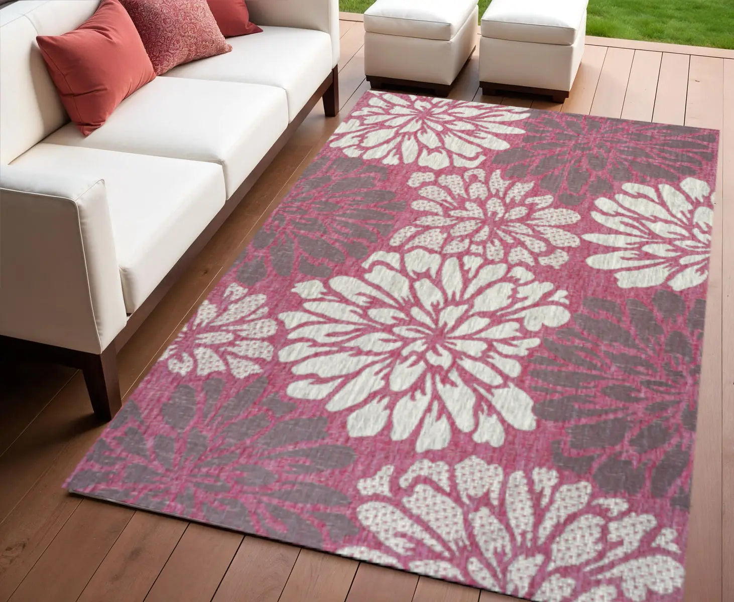 4' X 6' Fuchsia And Light Gray Floral Indoor Outdoor Area Rug Homeroots Outdoor