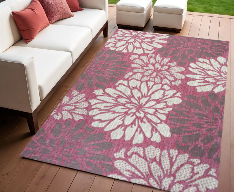 4' X 6' Fuchsia And Light Gray Floral Indoor Outdoor Area Rug Homeroots Outdoor