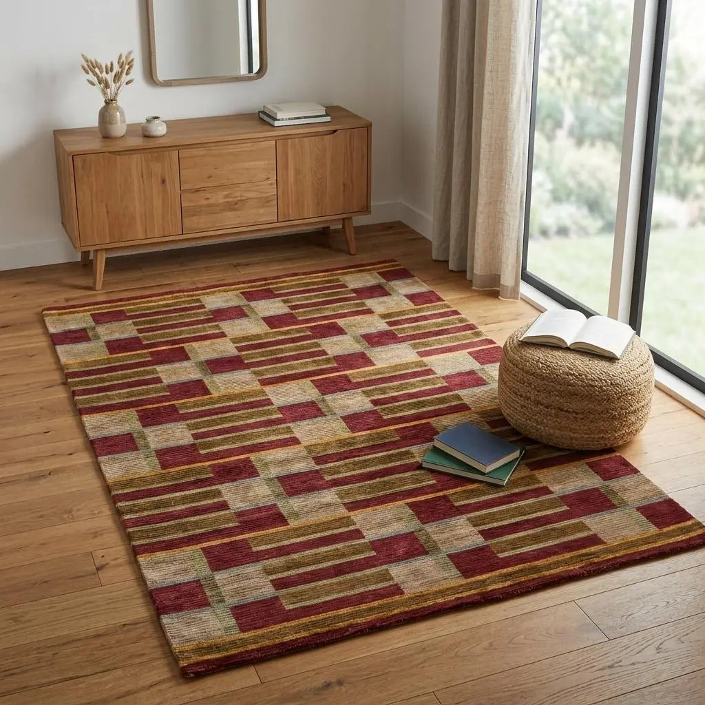 4' X 6' Gold Green And Red Striped Hand Knotted Area Rug Homeroots Home Decor
