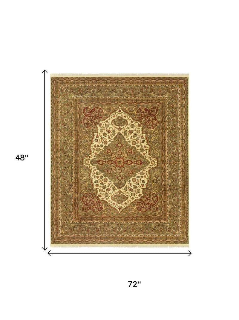 4' X 6' Gold Ivory And Red Wool Oriental Hand Knotted Area Rug With Fringe Homeroots Home Decor