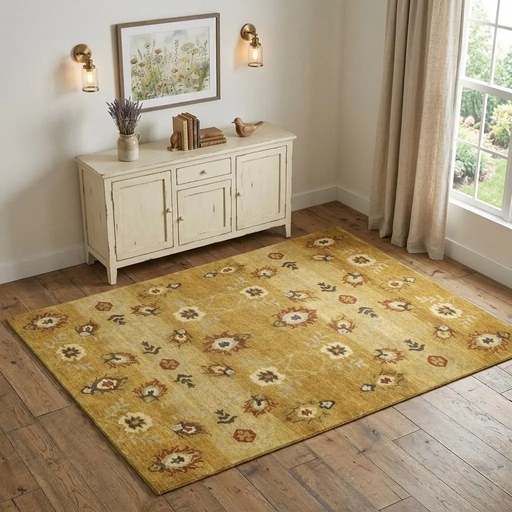 4' X 6' Gold Tan And Red Wool Floral Hand Knotted Area Rug Homeroots Home Decor