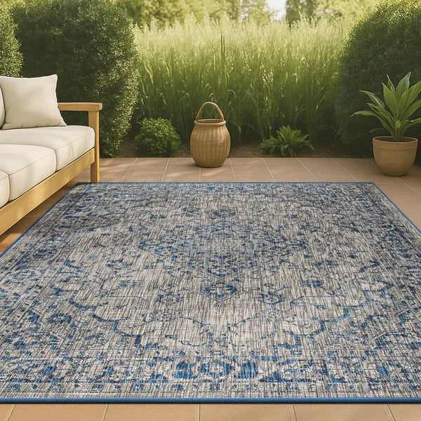 4' X 6' Gray And Navy Blue Medallion Indoor Outdoor Area Rug Homeroots Outdoor