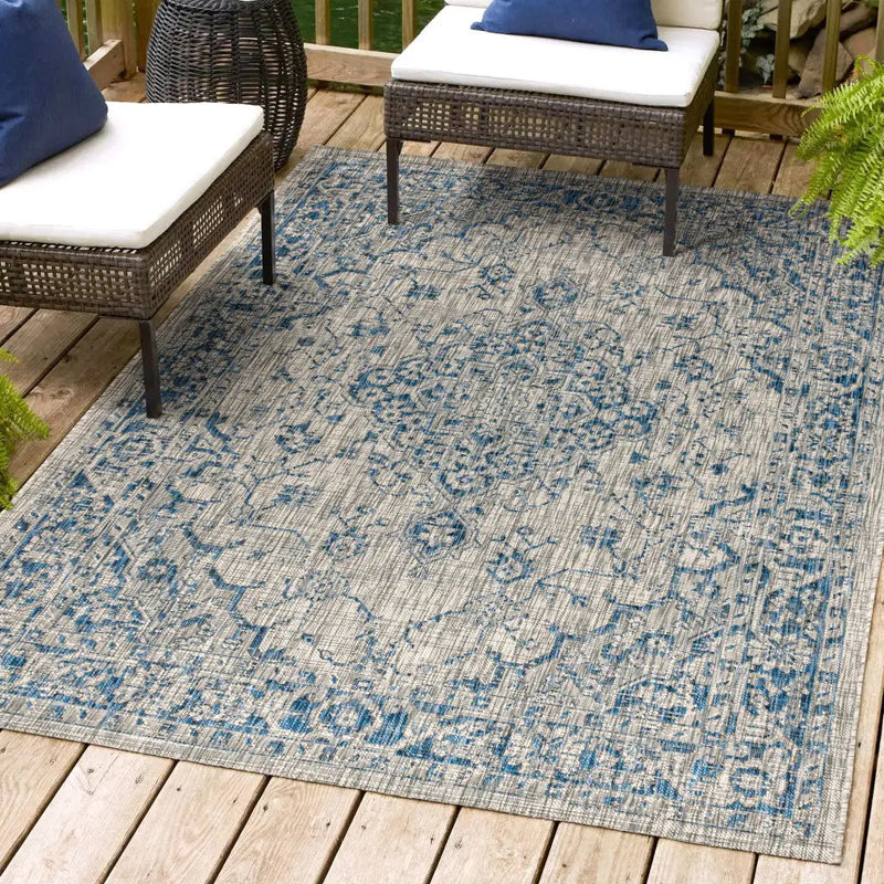 4' X 6' Gray And Navy Blue Medallion Indoor Outdoor Area Rug Homeroots Outdoor