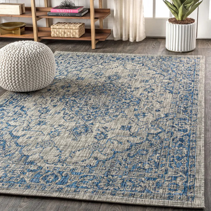 4' X 6' Gray And Navy Blue Medallion Indoor Outdoor Area Rug Homeroots Outdoor