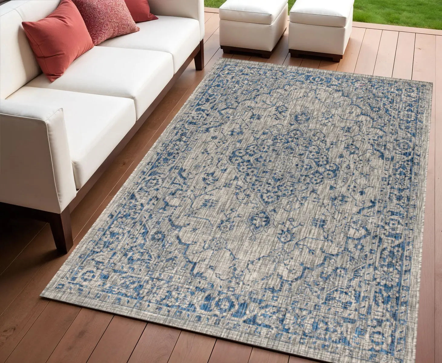 4' X 6' Gray And Navy Blue Medallion Indoor Outdoor Area Rug Homeroots Outdoor