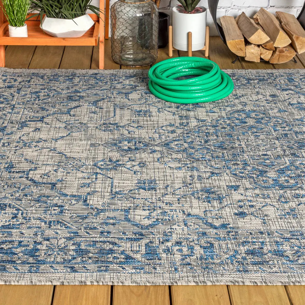 4' X 6' Gray And Navy Blue Medallion Indoor Outdoor Area Rug Homeroots Outdoor