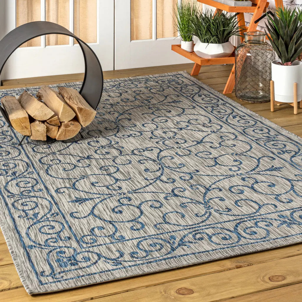 4' X 6' Gray And Navy Blue Medallion Indoor Outdoor Area Rug Homeroots Outdoor