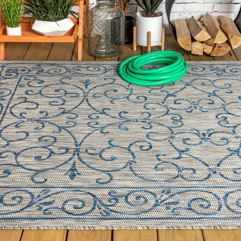 4' X 6' Gray And Navy Blue Medallion Indoor Outdoor Area Rug Homeroots Outdoor