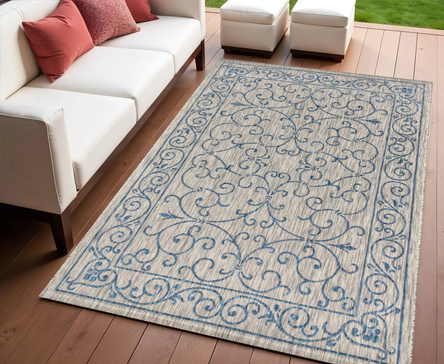 4' X 6' Gray And Navy Blue Medallion Indoor Outdoor Area Rug Homeroots Outdoor
