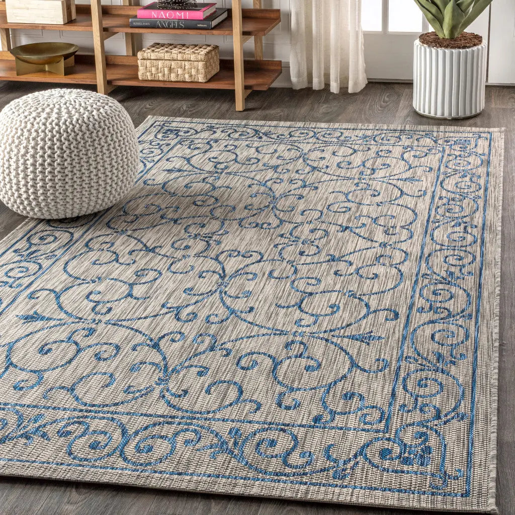 4' X 6' Gray And Navy Blue Medallion Indoor Outdoor Area Rug Homeroots Outdoor