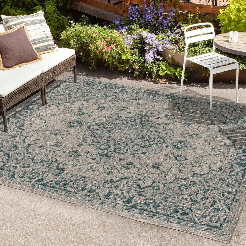 4' X 6' Gray And Teal Blue Medallion Indoor Outdoor Area Rug Homeroots Outdoor