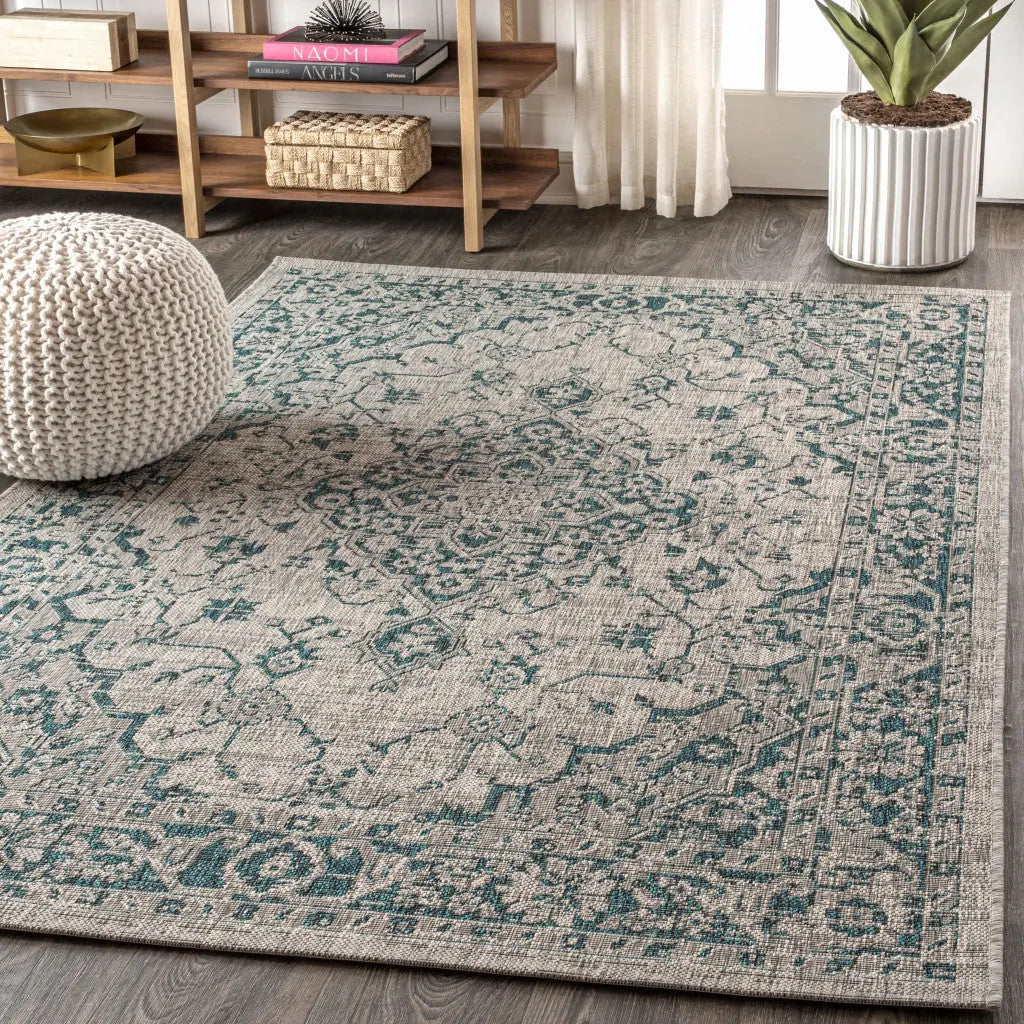 4' X 6' Gray And Teal Blue Medallion Indoor Outdoor Area Rug Homeroots Outdoor