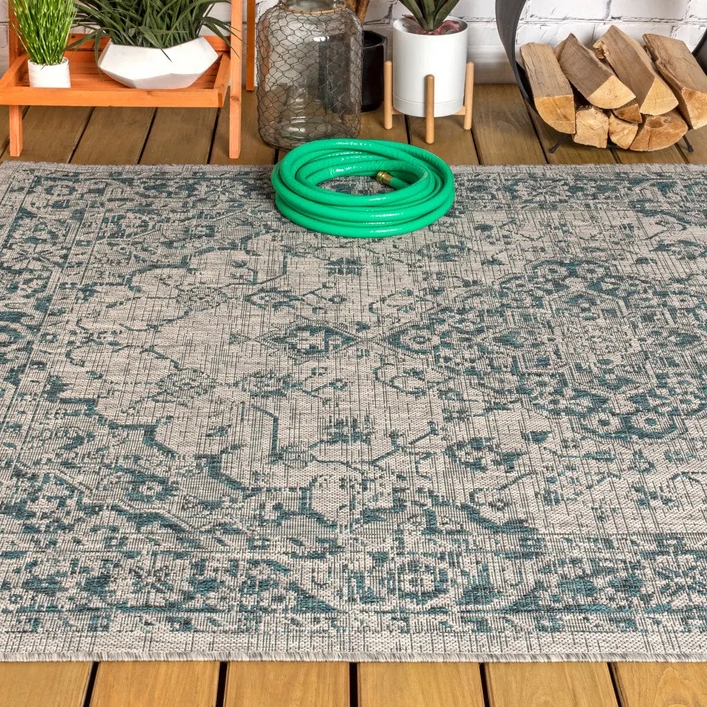 4' X 6' Gray And Teal Blue Medallion Indoor Outdoor Area Rug Homeroots Outdoor
