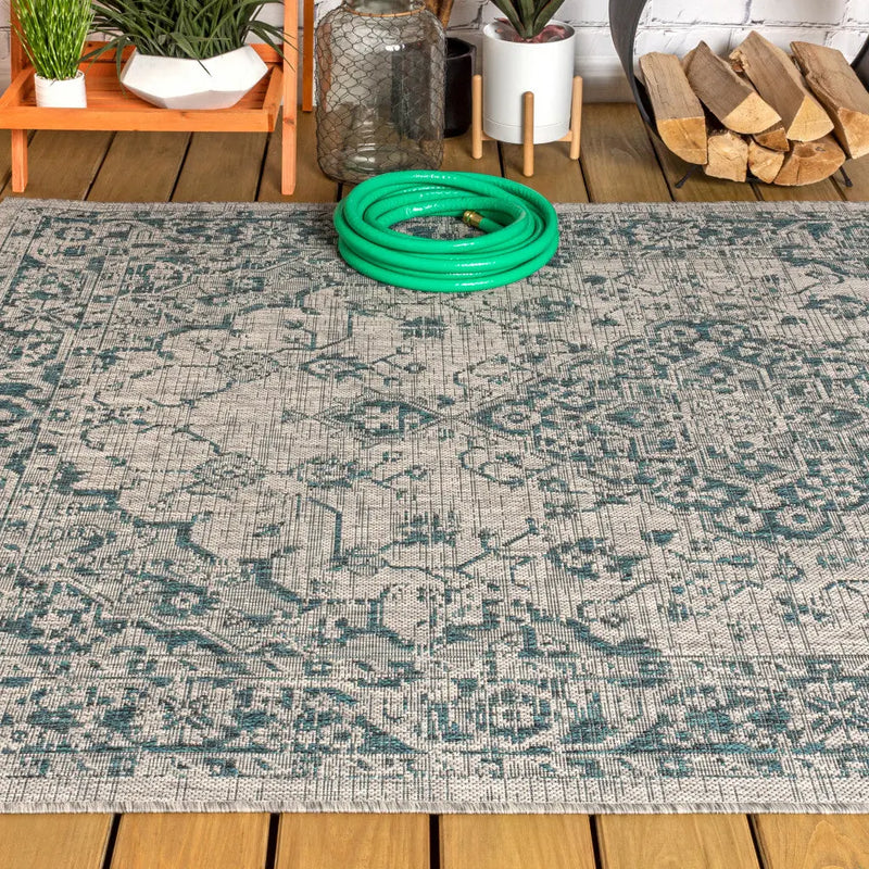 4' X 6' Gray And Teal Blue Medallion Indoor Outdoor Area Rug Homeroots Outdoor