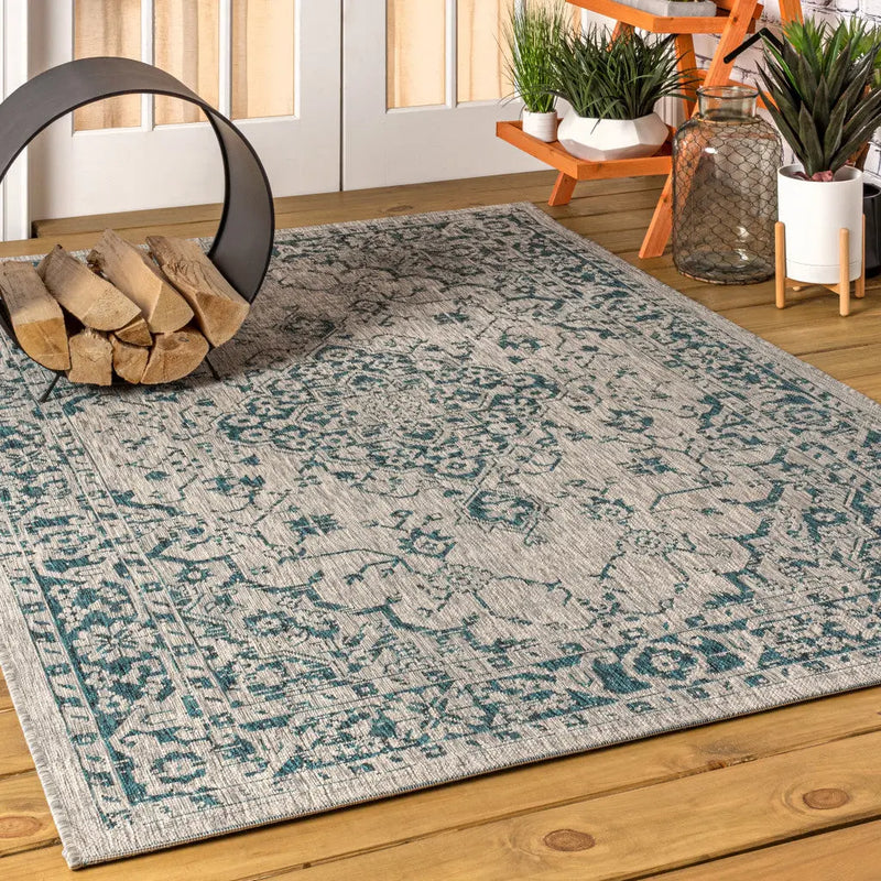 4' X 6' Gray And Teal Blue Medallion Indoor Outdoor Area Rug Homeroots Outdoor