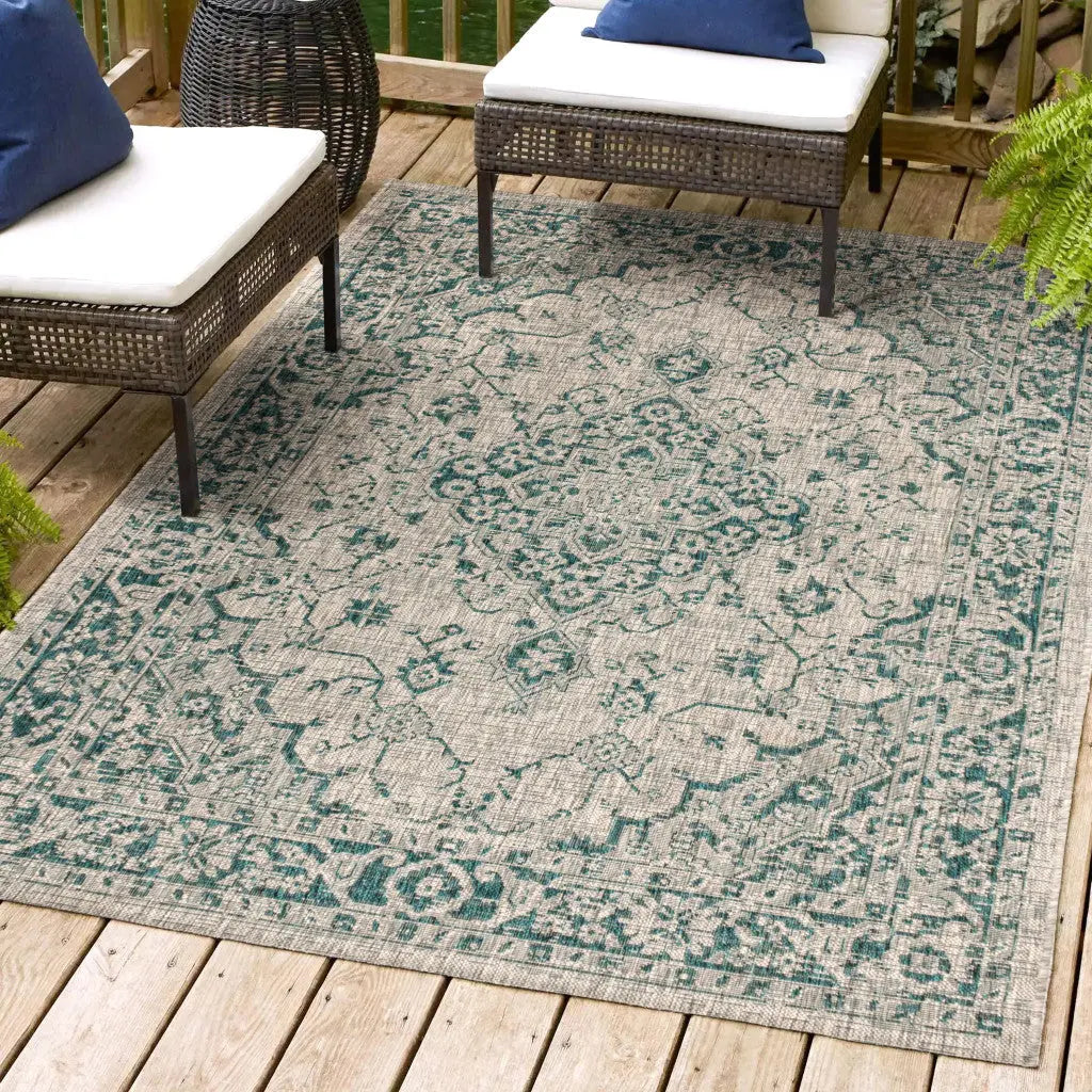 4' X 6' Gray And Teal Blue Medallion Indoor Outdoor Area Rug Homeroots Outdoor