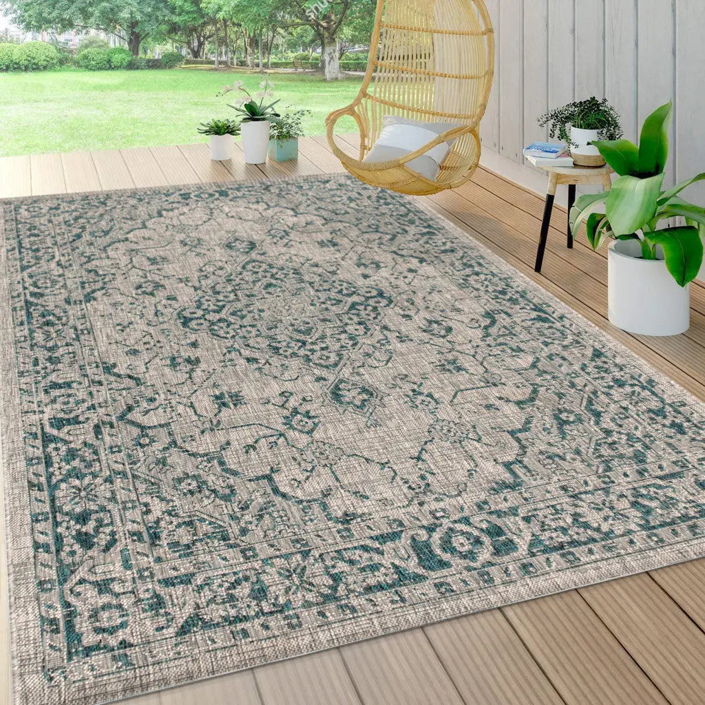 4' X 6' Gray And Teal Blue Medallion Indoor Outdoor Area Rug Homeroots Outdoor