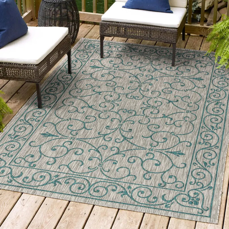 4' X 6' Gray And Teal Blue Medallion Indoor Outdoor Area Rug Homeroots Outdoor