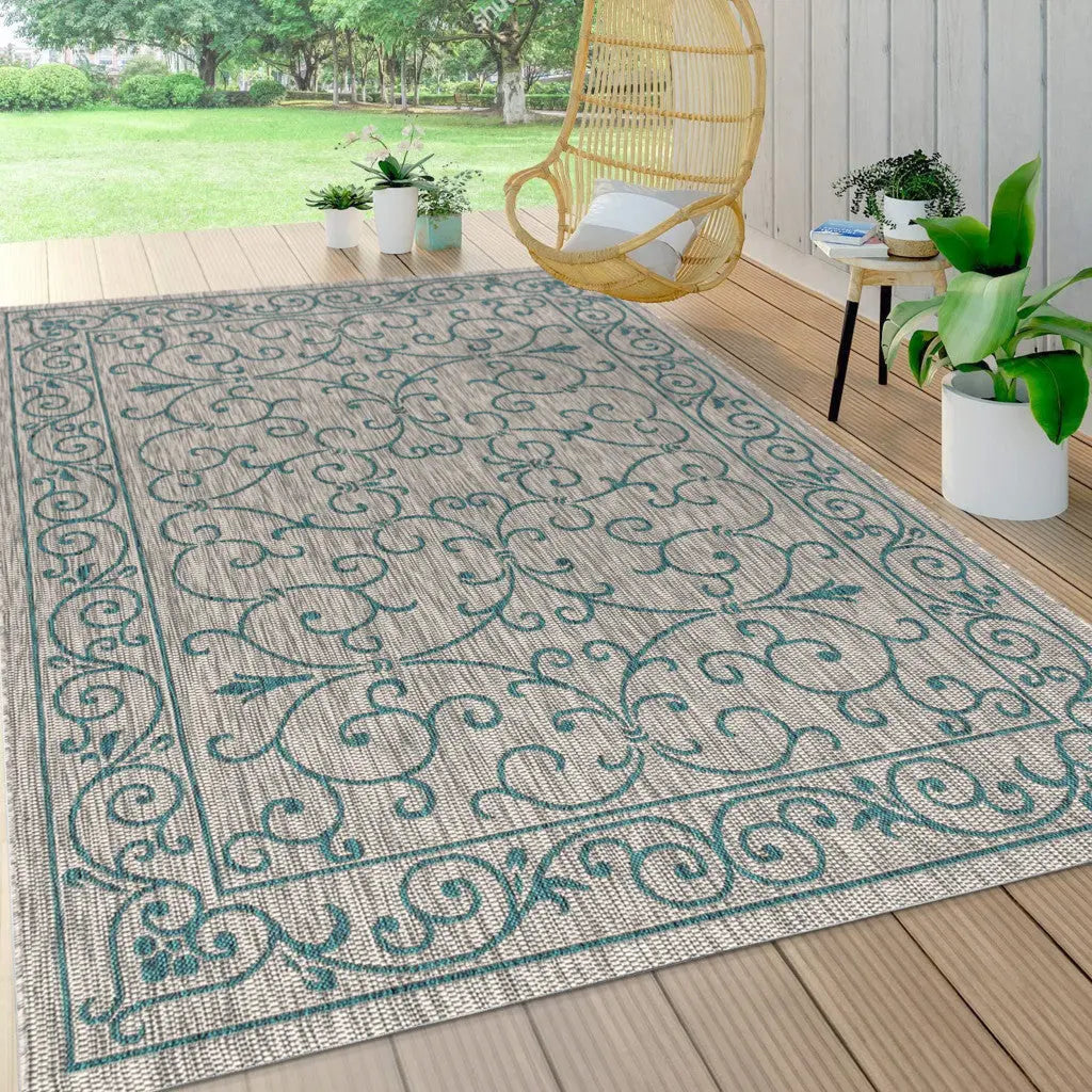 4' X 6' Gray And Teal Blue Medallion Indoor Outdoor Area Rug Homeroots Outdoor