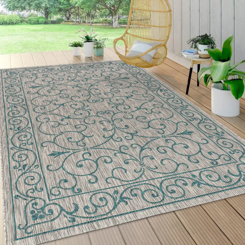 4' X 6' Gray And Teal Blue Medallion Indoor Outdoor Area Rug Homeroots Outdoor