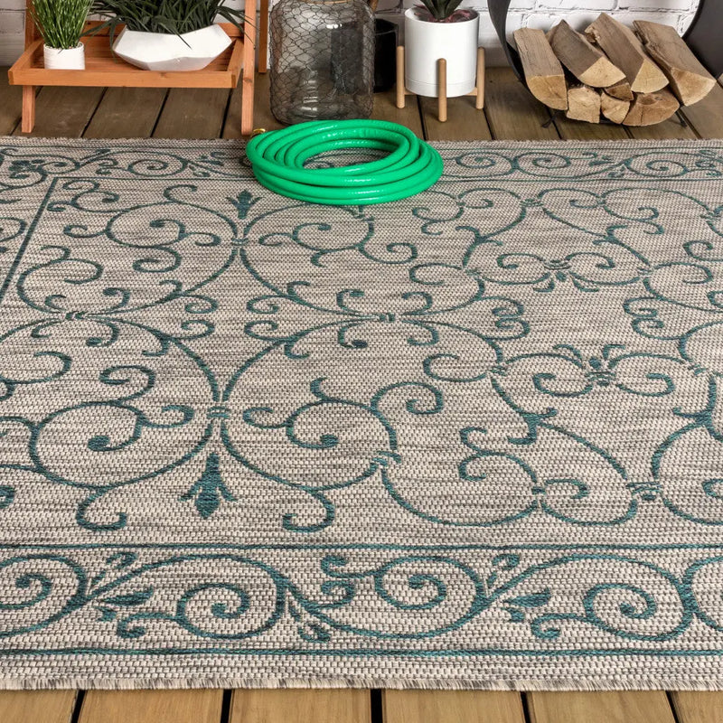 4' X 6' Gray And Teal Blue Medallion Indoor Outdoor Area Rug Homeroots Outdoor