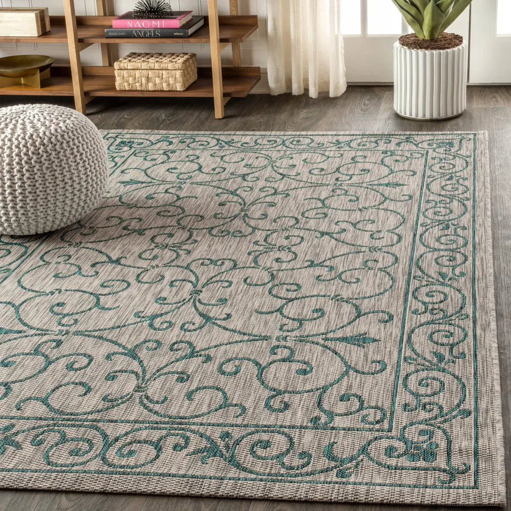 4' X 6' Gray And Teal Blue Medallion Indoor Outdoor Area Rug Homeroots Outdoor