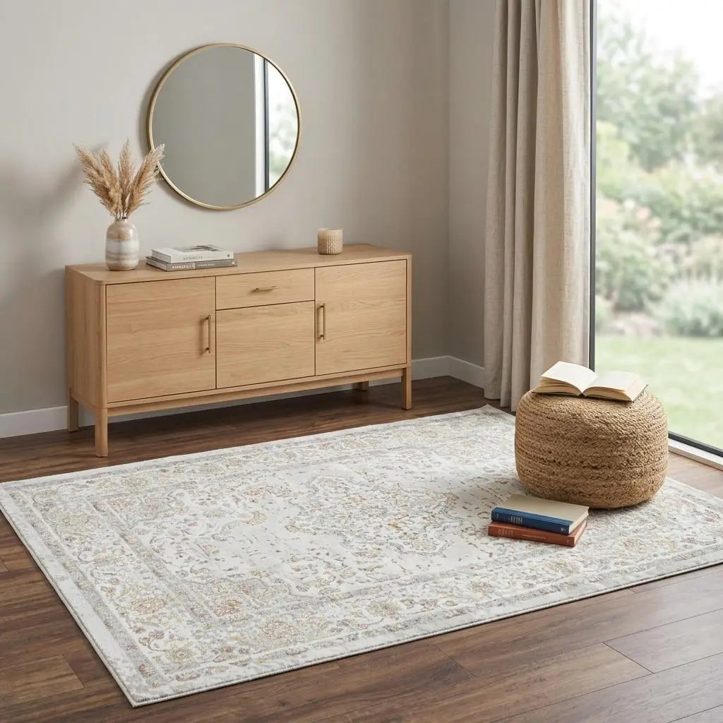 4' X 6' Gray Ivory Red Orange And Blue Medallion Area Rug Homeroots Home Decor