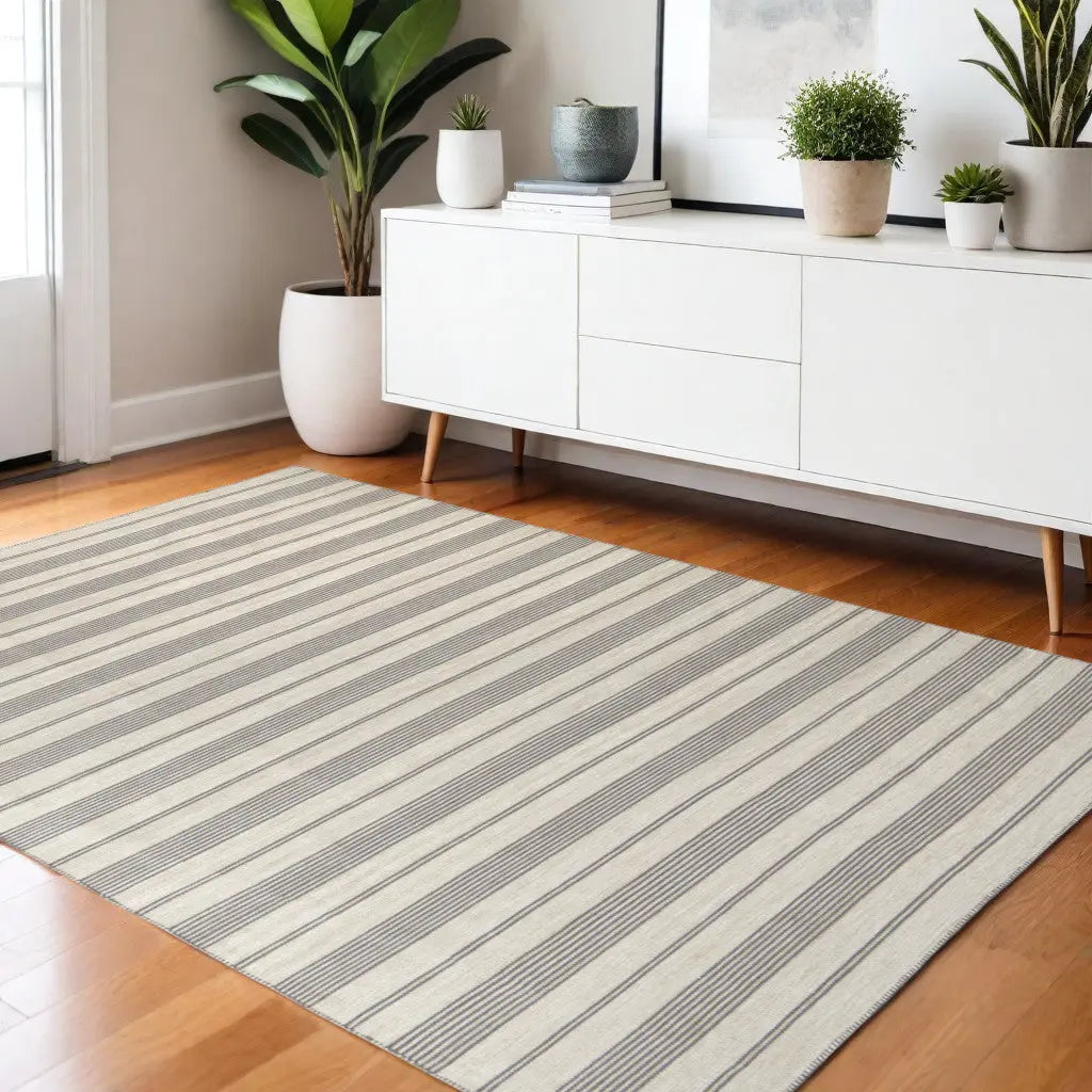 4' X 6' Gray and Ivory Striped Hand Woven Area Rug Homeroots Outdoor